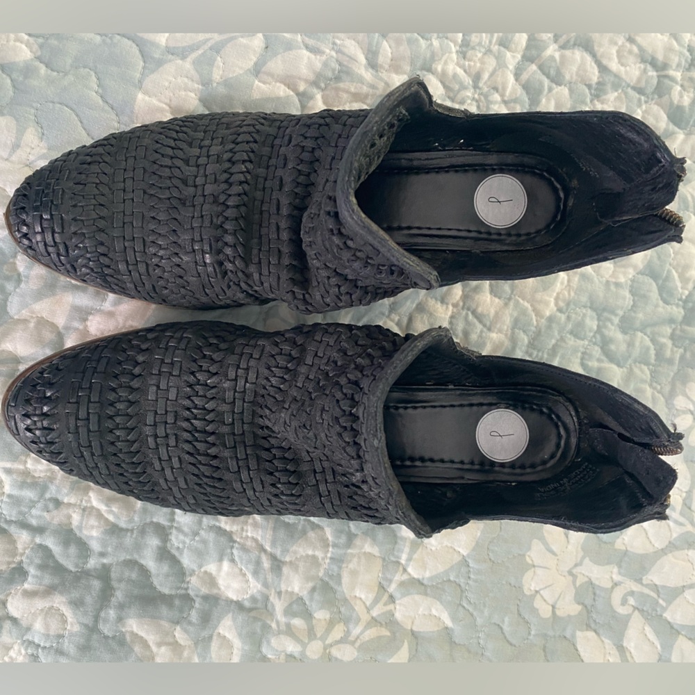 J Brand -  Leather woven ankle boots. Made in India.